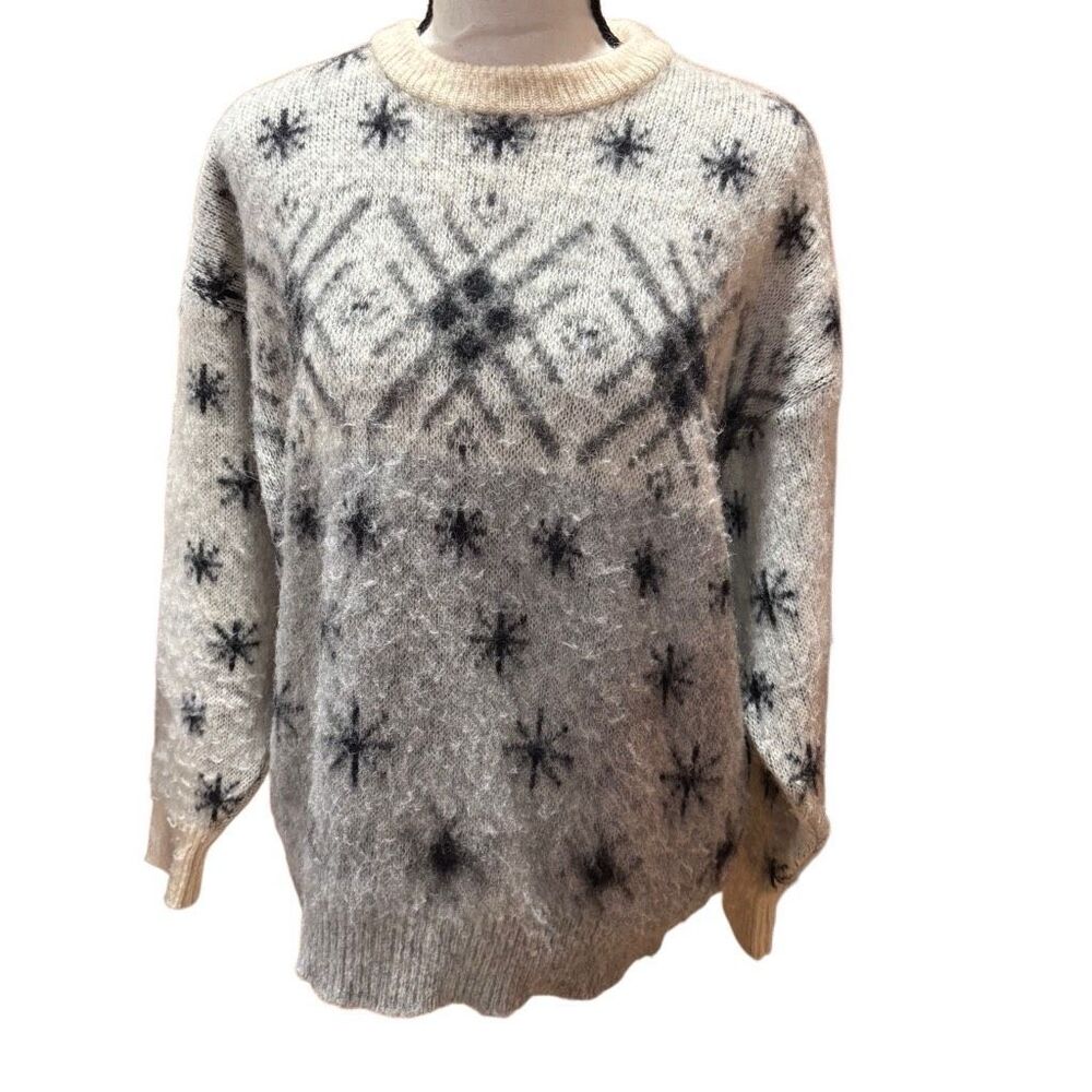 Samband of Iceland Vintage Wool Sweater Grey Black Snowflake Ribbed Trim Men Med